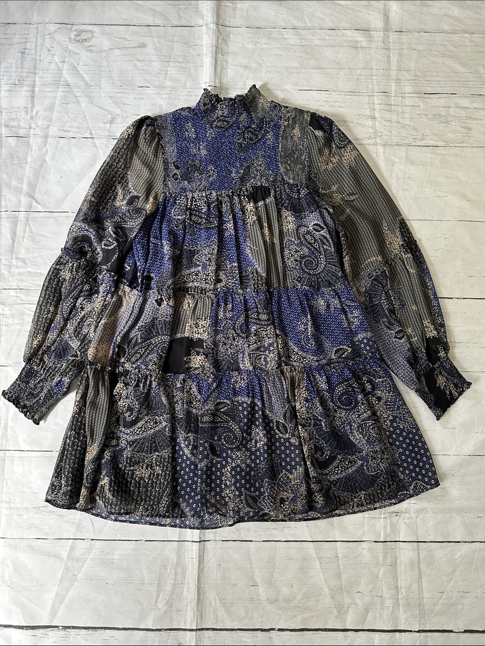 Olivaceous Blue and Black Paisley Mini Dress smocked wrists & neckline babydoll